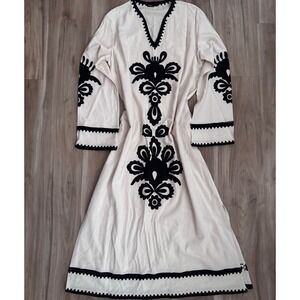 Fame Black & White Embroidered V-Neck Maxi Dress Kaftan natural fiber Size L f2